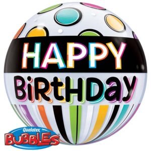 Ballon Bubble “Happy Birthday” Black band & dots 56cm – Qualatex