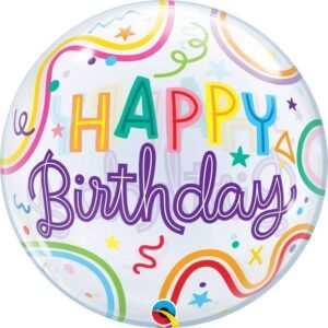 Ballon Bubble “Happy Birthday” Swiggle lines & stars 56cm – Qualatex