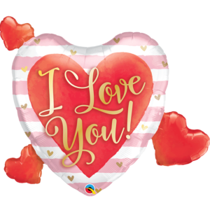 Ballon Alu 93cm « I Love You » Rayures et cœurs roses – Qualatex