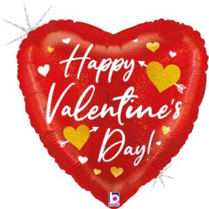 Ballon Alu 45cm “Happy Valentine’s Day” Rouge et Or Cœurs – Grabo