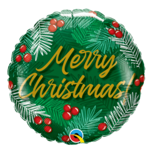 Ballon Alu 45cm « Merry Christmas » Vert et Baies – Qualatex